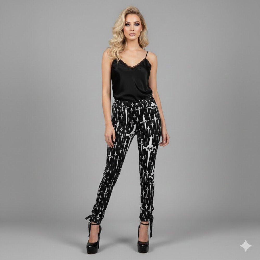 RARE Lip Service Black and White Skull Dagger Skinny Jeans
